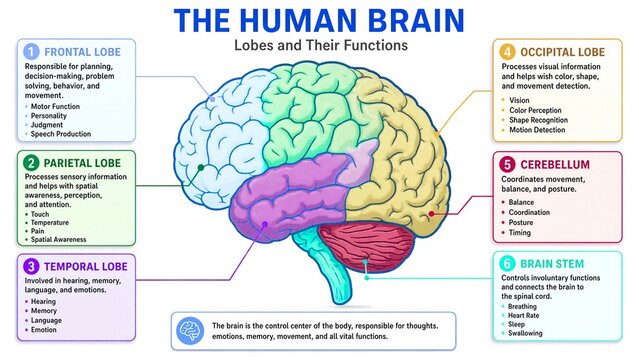 The Human Brain Lobes and Their Functions Educational Anatomy Diagram