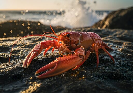 A vibrant red lobster rests on a rocky shore with ocean waves crashing in the background during sunset.