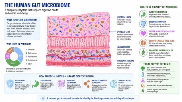 The Human Gut Microbiome Ecosystem Bacteria and Digestive Health Infographic