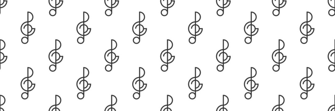 Seamless linear pattern of black treble clef icons. Musical harmony and creative acoustic design background.