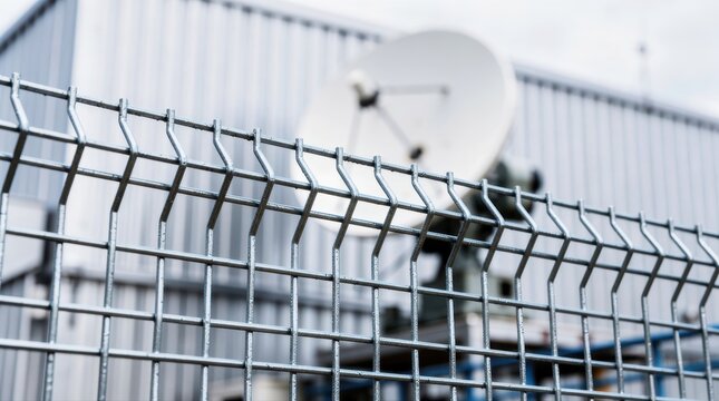 Metal wire mesh fence at a telecommunications facility. Blurred satellite dish and industrial building behind security perimeter. Surveillance concept, ideal for network security and data protection.