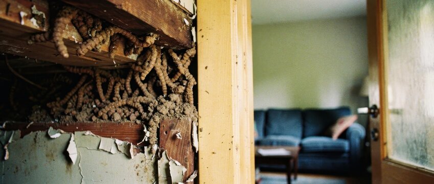 Termite mud tubes on a wooden house frame. Destructive pest infestation inside a wall near a living room. Property damage and home inspection concept for repair and pest control services.
