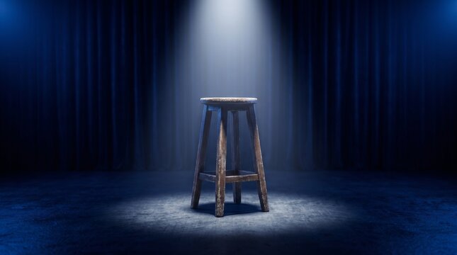 Minimal Wooden Stool in Dark Interior with Dramatic Lighting