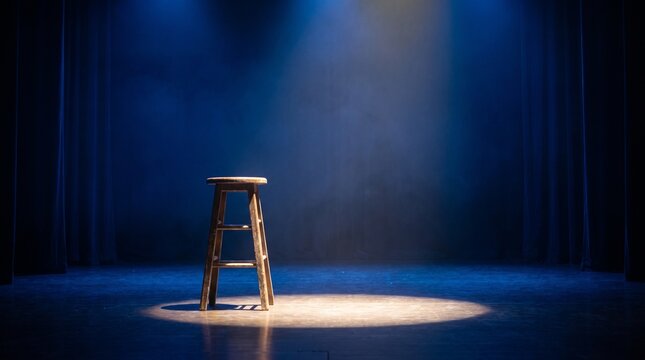 Minimal Wooden Stool Under Dramatic Spotlight in Dark Studio