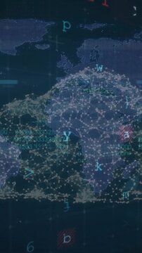 Animation of data processing, security warnings, cloud and padlock networks over world map