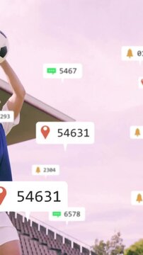 Animation of social media notifications over caucasian female footballer throwing ball on pitch