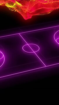 Animation of yellow and red particle wave over purple neon basketball court on black background