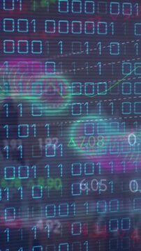 Animation of binary coding and stock market data processing against aerial view of cityscape