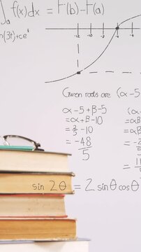 Animation of stack of books over mathematical equations and formulae