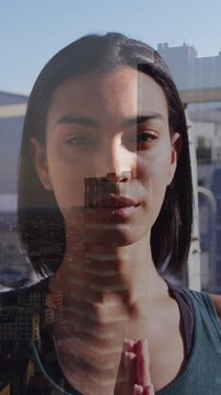 Practicing yoga on balcony, person with animation of cityscape in background