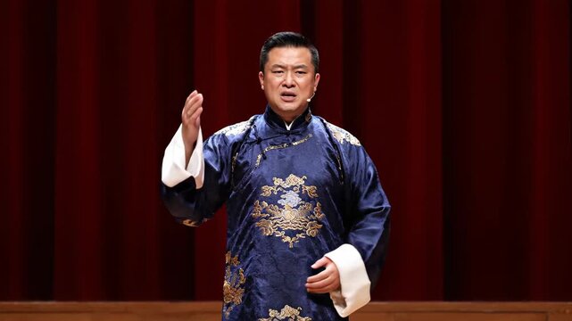 Men's stage opera performance, men in Tang Dynasty costumes giving stage speeches