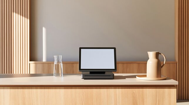 Minimalist desk setup with blank terminal screen, glass water carafe, and ceramic pitcher on light wood surface