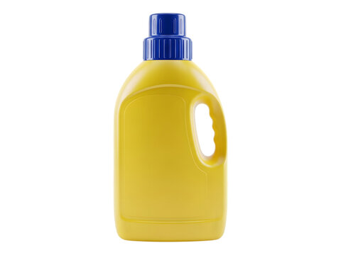 Yellow plastic bottle with a blue cap for household detergent or cleaner
