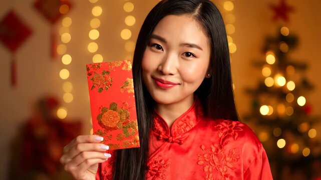 Close-up of a woman holding a New Year's red envelope, a woman in red holding a red envelope