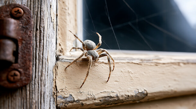 Macro shot of a spider crawling on a rustic wooden window frame