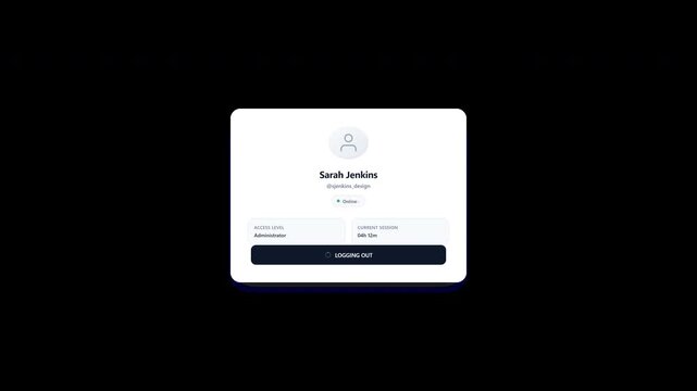 Clean minimalist logout fade transition sequence animation with progressive session closing, status indicator fade, and session ended confirmation on transparent background