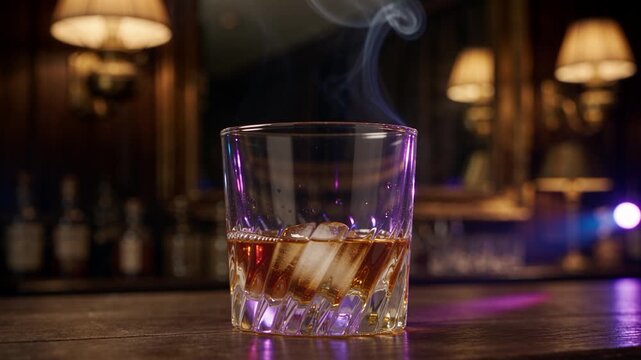 Un vaso de cristal grueso retiene varios cubos de hielo macizo y transparente. El hielo brilla bajo la luz ambiental. Un chorro dorado y brillante de whisky cae de forma fluida.