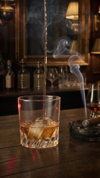 Un vaso de cristal grueso retiene varios cubos de hielo macizo y transparente. El hielo brilla bajo la luz ambiental. Un chorro dorado y brillante de whisky cae de forma fluida.