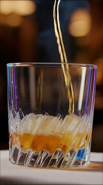 Un vaso de cristal grueso retiene varios cubos de hielo macizo y transparente. El hielo brilla bajo la luz ambiental. Un chorro dorado y brillante de whisky cae de forma fluida.