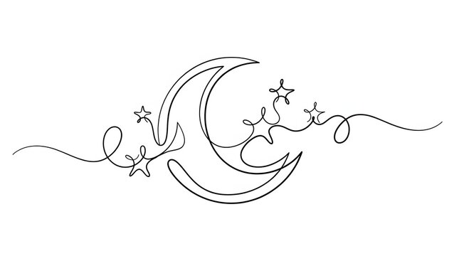 Continuous line drawing of crescent moon and stars