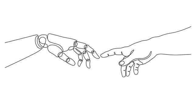 One line drawing of two hands reaching together