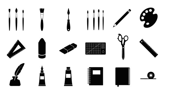 Art supplies icons with supplies include paintbrushes