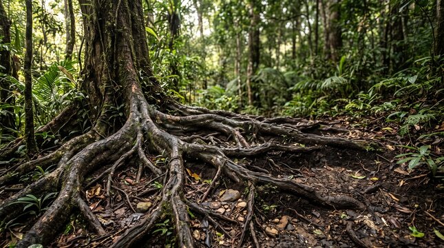 Close up of large tree roots spreading on forest floor in lush tropical jungle. Useful for environment, conservation, growth, foundation and ecosystem concept. Shows benefit of nature, strength, stabi