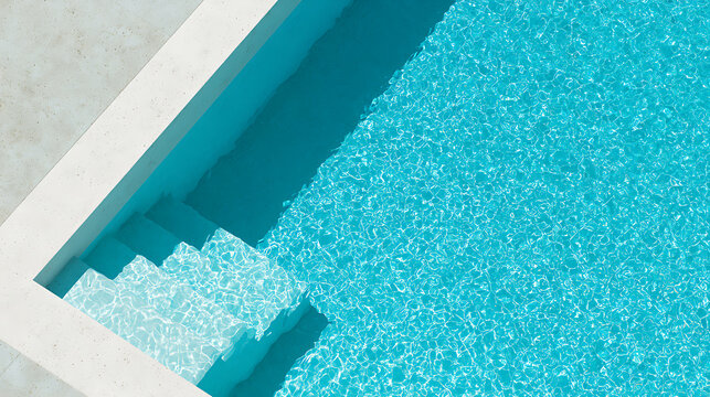 Minimalist white poolside with crystal clear turquoise water and stairs