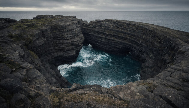 A dramatic view of a circular sea cave formation with dark layered rock walls and crashing ocean waves under a cloudy, overcast sky at dusk