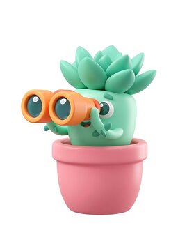 Cute 3d succulent character using binoculars in a pink pot