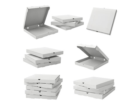 Collection of blank cardboard pizza boxes in various open and closed states