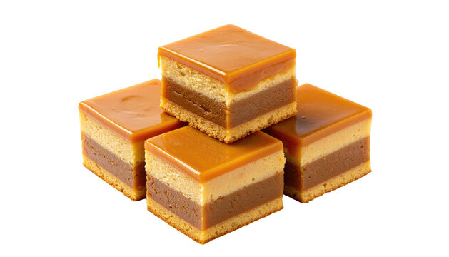 Stacked squares of caramel cake with layers on a dark background