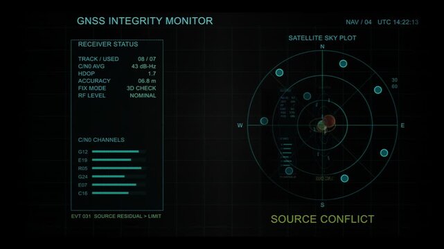 GNSS integrity monitor displays satellite position status degrading from locked to unreliable during jamming attempt. Cybersecurity interface shows source conflict alerts for navigation system.