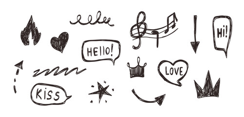 Fototapeta premium Hand drawn doodle elemens set with arrow, speech bubble, heart and crown. Simple line art in black color