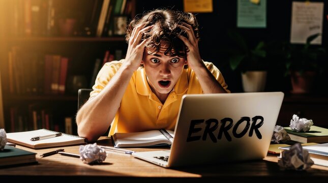 Stressed young man clutching his head while staring at a laptop screen displaying an error message. Student feeling overwhelmed by technical failure during late-night study. Concept of burnout.