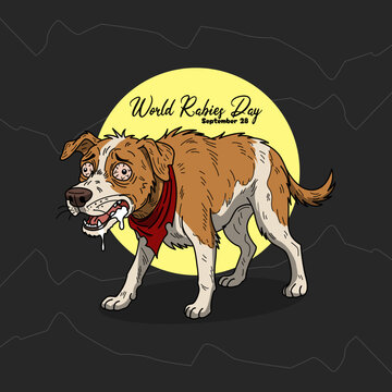 World Rabies Day Awareness Poster Illustration celebrate on September 28. Vector artwork depicting a rabid dog in front of a yellow moon. Perfect for pet health campaigns and medical infographics.