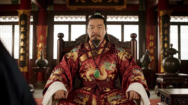 A man in ancient costume sits on a Chinese palace chair, while the emperor sits in a dragon robe in the palace to discuss