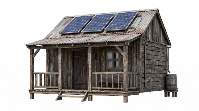 Rustic wooden cabin with solar panels on roof in a serene forest setting
