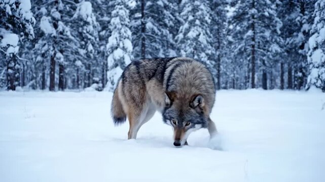Wolves in the snow forest, a lone wolf walking in the snow