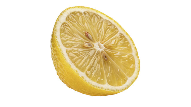 Fresh half slice of ripe yellow lemon isolated on black background for beverage graphics