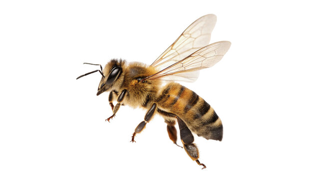 Honey bee flying with wings spread isolated on black background macro insect photography