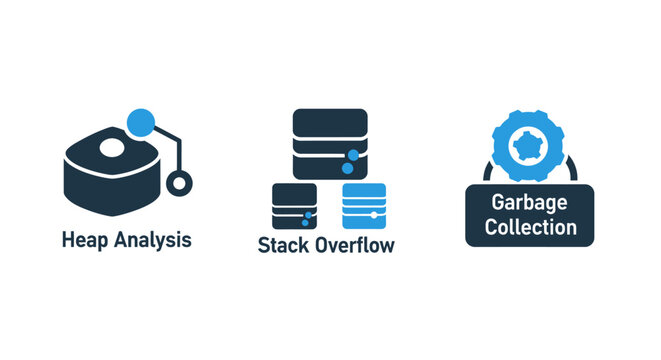 Set of software development icons representing heap analysis stack overflow and garbage collection concepts with software development programming database analysis overflow collection isolated