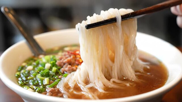 Close-up of rice noodles in a bowl, steaming hot beef noodle soup