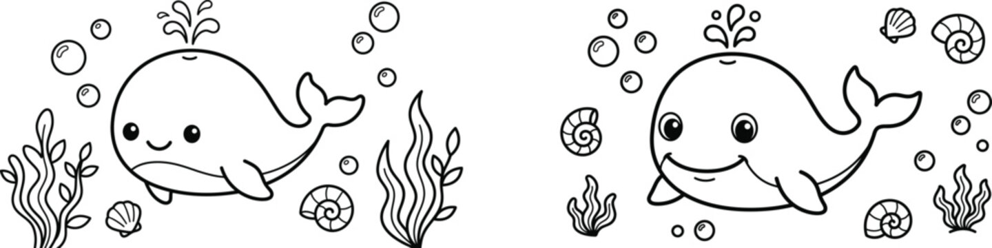Cute hand drawn doodle illustrations of two happy whales swimming underwater with bubbles and seaweed isolated on a plain white background for design
