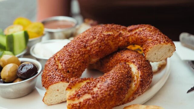Traditional Turkish simit sesame bread served with olives, vegetables and sauces for breakfast. Close-up of hands grabbing fresh, crispy Turkish bread. High quality 4k footage