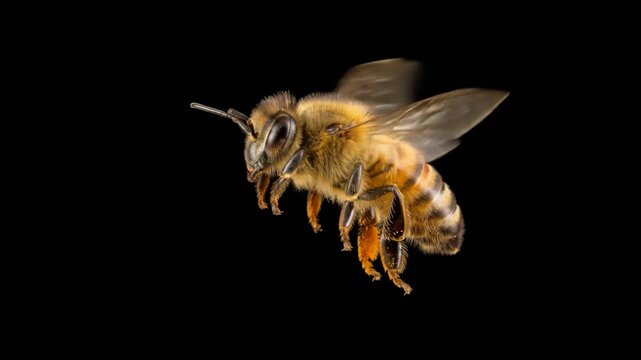 honey bee flying close up isolated on black background studio macro video