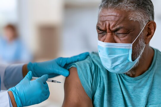 Senior african american man in medical face mask wincing during vaccine injection in shoulder at hospital, geriatric immunization campaign concept