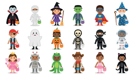 Fototapeta premium Cute kids in Halloween costumes vector illustration set featuring children dressed up for trick or treating