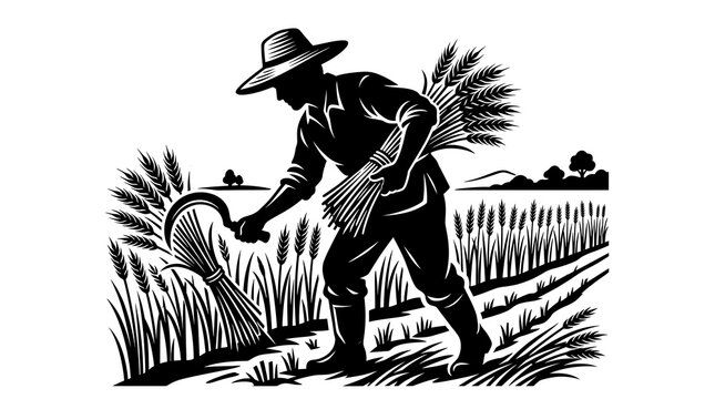 Farmer harvesting wheat with a sickle in a field, vintage black and white illustration.