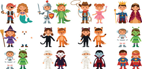 Fototapeta premium Cute kids in halloween costumes vector illustration set with pirate mermaid knight and superhero